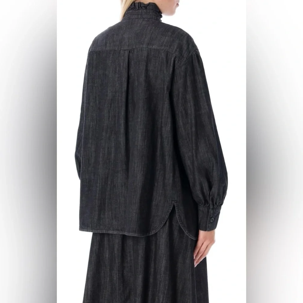 SEE BY CHOLÉ Ash Black Cotton Ruffled Denim Mock Neck Long Sleeves Shirt Size:S - Picture 5 of 11